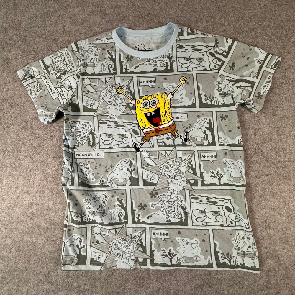 Nickelodeon Spongebob Squarepants T-Shirt 14/16 Gray Boys Comic Book Patch